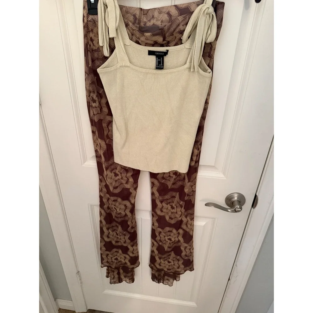 Ribbed Tie Strap Camisole and Mesh Flare Pants Set Brown Cream summer‎ boho